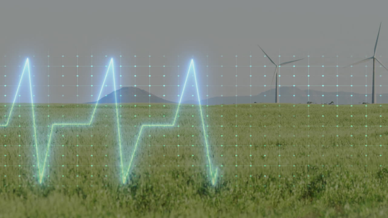 Neon ECG-style waveform pulsing across grassy plain, with wind turbines in flat design data grid