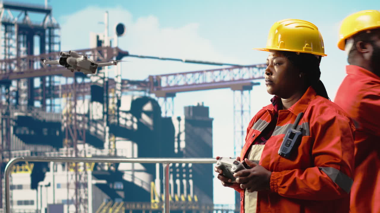 Vertical video Woman on offshore platform deck doing site inspections using drone