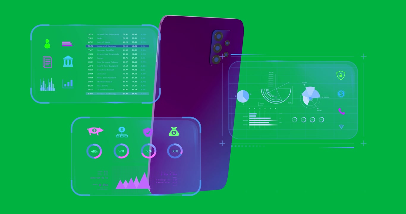 Animation of purple smartphone with blank screen, screens with data on transparent background