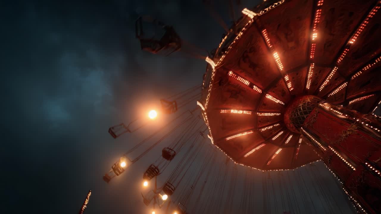 A Captivating View of a Center Stage Swing Ride Illuminated at Night, Showcasing Spectacular Lights and Eerie Clouds Above, Creating an Enchanting Atmosphere