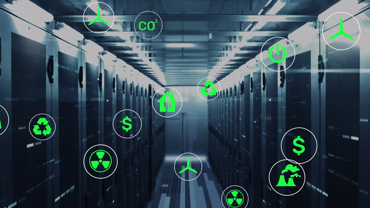 animación de iconos en círculos sobre barras en bastidores de servidores de datos en la sala de servidores