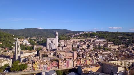 aerial shot of girona city in spain with picturesque colorful houses