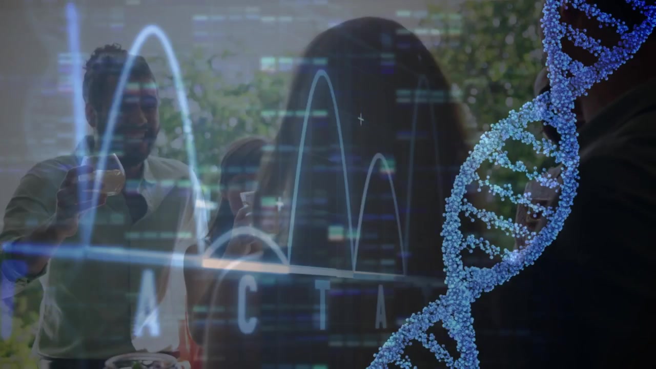 Animazione di filamento di DNA che ruota ed elaborazione dati su uomo muscoloso che si allena