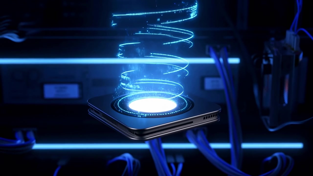 Blue luminous trails shift and flicker above floating smartphone, rising from bright circular interface while cables and electronic hardware remain softly lit in dark background.