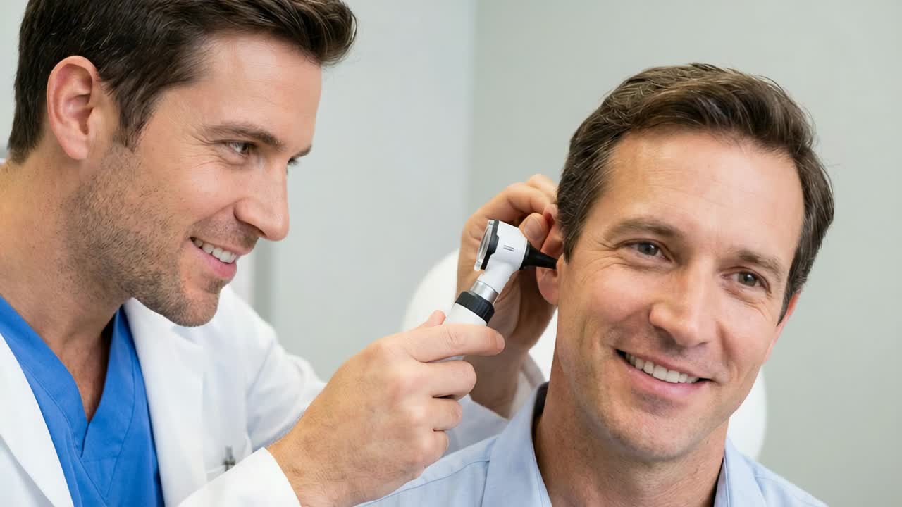 Bringing clinician in lab coat pulling patient's ear, inserting otoscope, checking canal in clinic