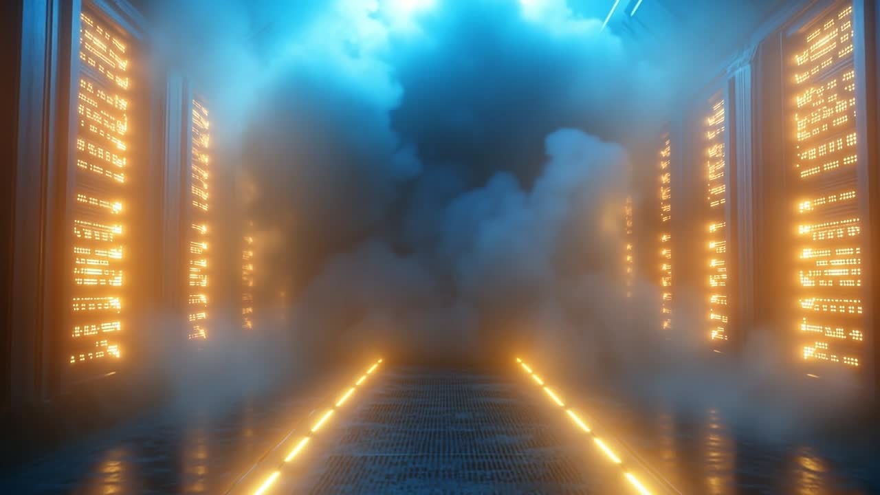 Foggy, bright musty hallway. A futuristic hallway illuminated by bright lights and surrounded by thick fog creates a mysterious atmosphere.