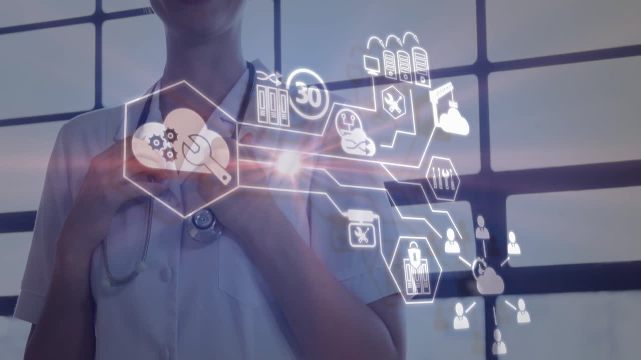 Woman doctor holding stethoscope to chest in hospital, overlaying cloud gears network icons