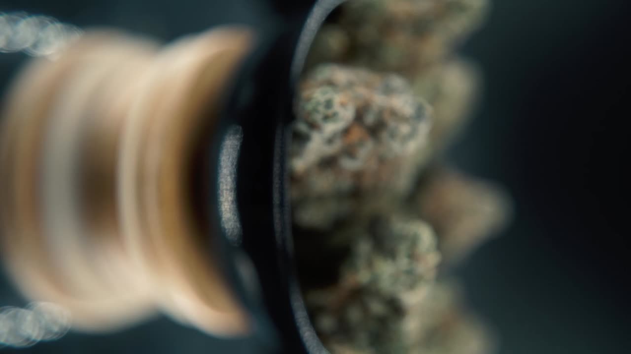 A vertical macro smooth detailed shot of a cannabis plant, hybrid orange strains, sativa ,marijuana flower, on a rotating stand, Full HD, super slow motion, 120 fps, studio lighting