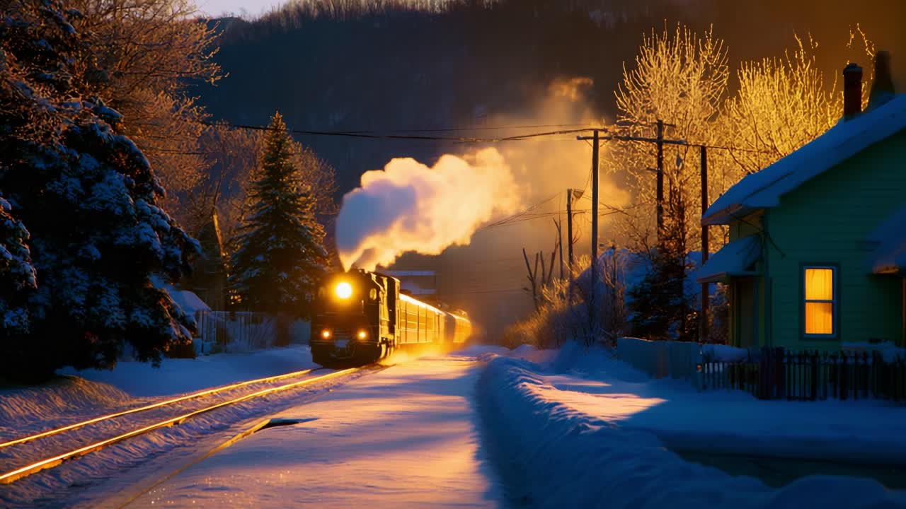 A Steam Locomotive Traverses a Snow-Covered Landscape at Dusk, Surrounded by Glittering Frosty Trees and Warm Light, Emitting Billowing Clouds of Steam Amidst a Serene Winter Evening