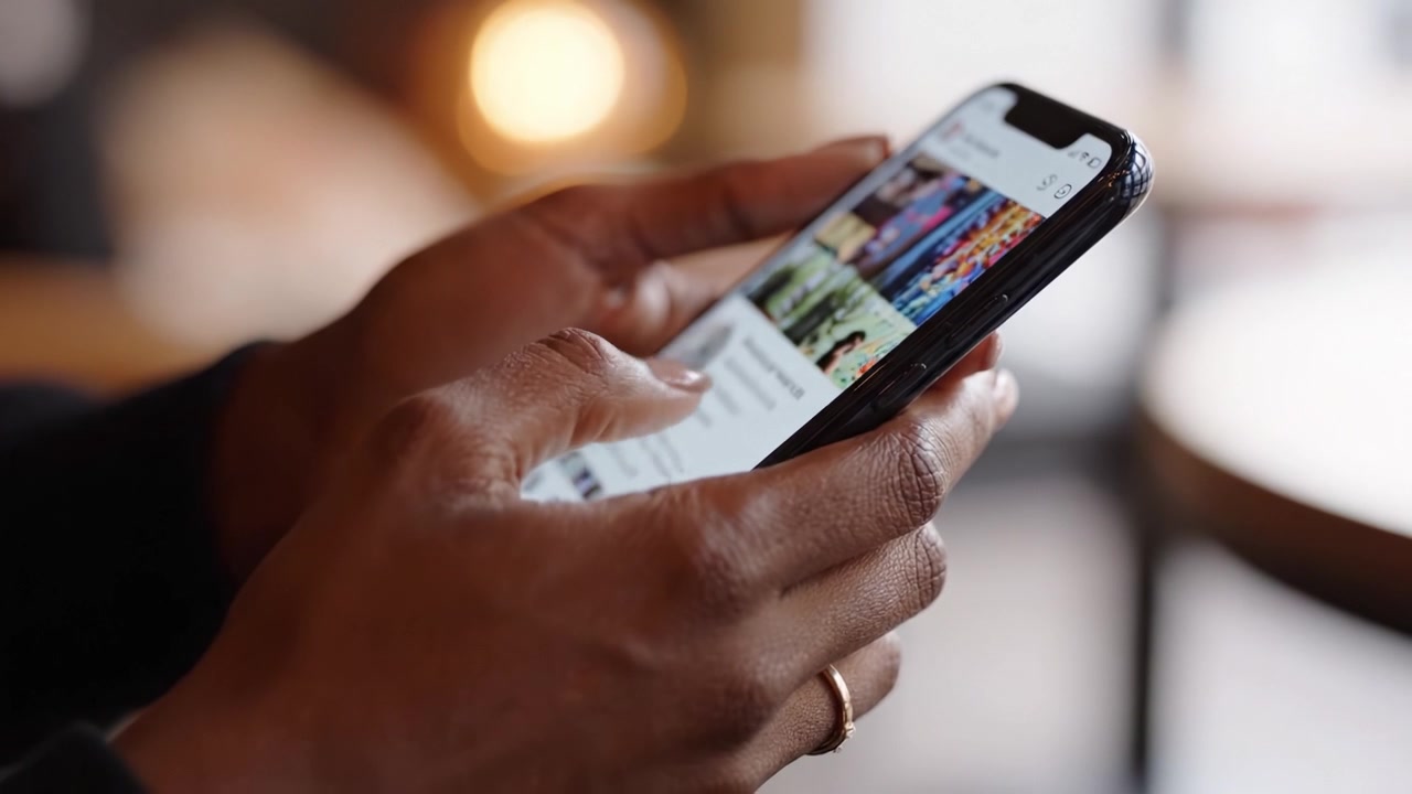 Engaging with Digital Content: A User Navigates Through Images and Media on Their Smartphone in a Cozy Indoor Environment
