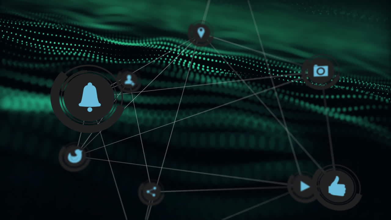 Digital icons network connecting over green wave pattern in animation style