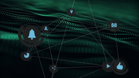 digital icons network connecting over green wave pattern in animation style