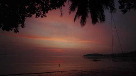 puesta de sol tropical en la playa sin gente y columpios con silueta de árboles