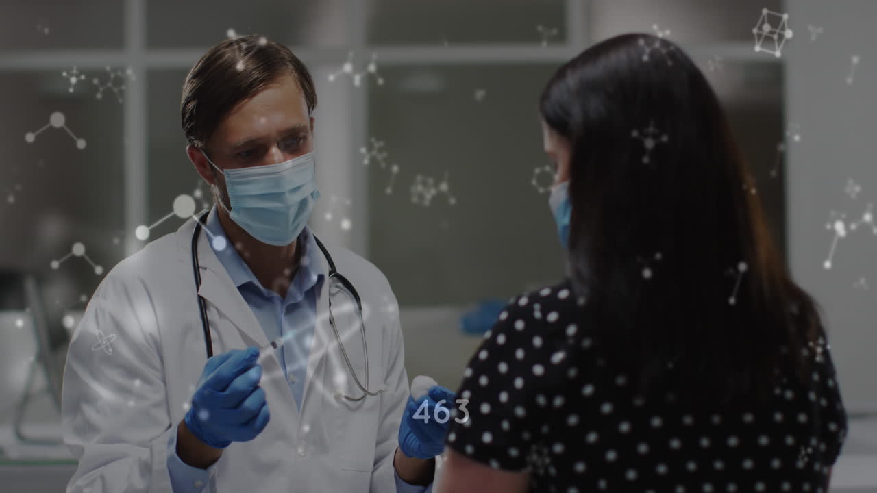Animação de moléculas sobre diversos médicos e pacientes vacinando