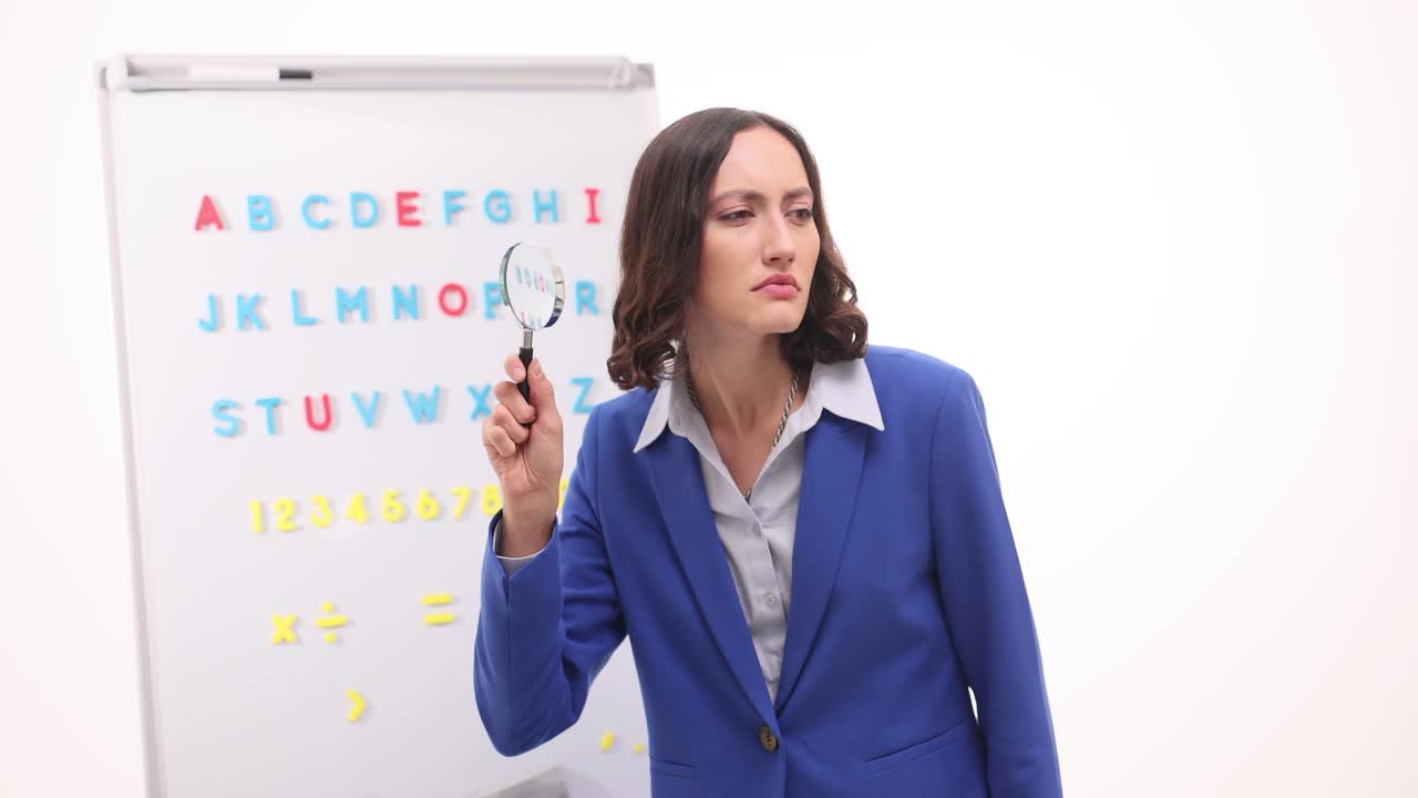 Woman with Magnifying Glass Examining Alphabet and Numbers on Whiteboard