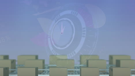 animación del procesamiento de datos y reloj sobre cajas en cinta transportadora.