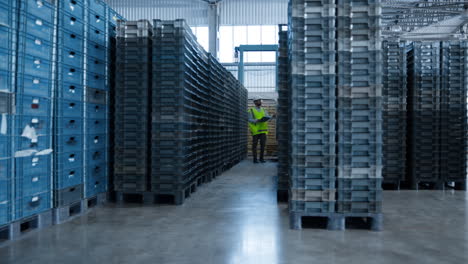 Storehouse-inspector-checking-pallets-calculating-export-boxes-distribution