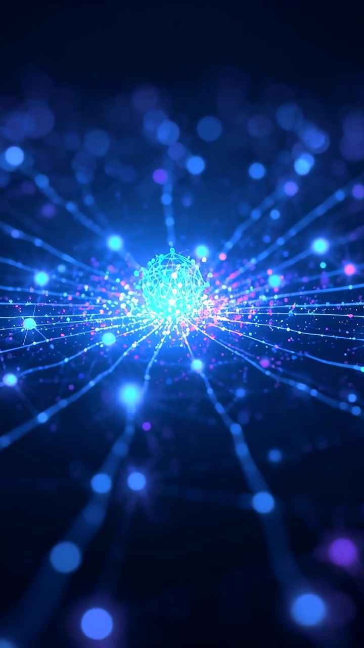 Video verticale: Sfera reticolare pulsante che emette scintille nello spazio virtuale, spingendo energia lungo le linee.