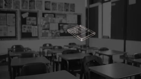 Animation-of-school-icons-over-empty-classroom