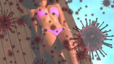 video compuesto digital de células de covid-19 que se mueven contra una mujer tomando el sol junto a la piscina en el fondo