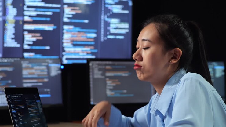 Close Up Side View Of Asian Female Programmer Being Bored Writing Code By A Laptop Using Multiple Monitors Showing Database On Terminal Window Desktops In The Office