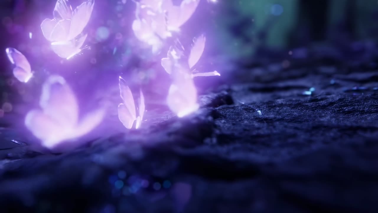 Une scène vidéo mystique de papillons lumineux à hauteur des yeux, créant une ambiance forestière éthérée.