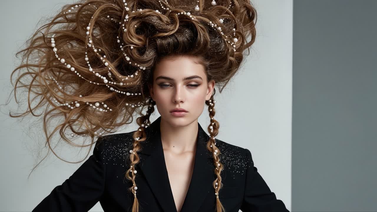Stunning Model with Elaborate Textured Hair and Fashionable Attire: A Captivating Portrait Showcasing Hair Mastery with Intricate Styles and Accessories