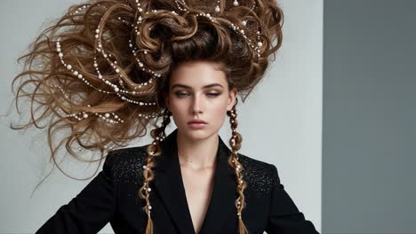 stunning model with elaborate textured hair and fashionable attire: a captivating portrait showcasing hair mastery with intricate styles and accessories