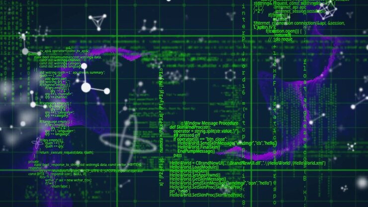 Molecular structures floating over purple digital waves and data processing against blue background