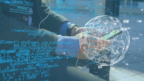 animación del globo y procesamiento de datos sobre hombres caucásicos que usan teléfonos inteligentes