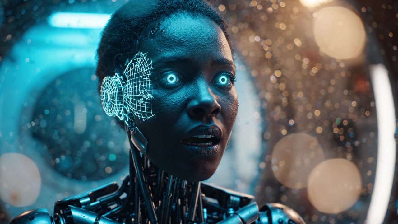 Incredibile primo piano di un robot femminile futuristico con occhi blu sorprendenti, che cattura l'essenza dell'IA avanzata in un ambiente high-tech ricco di effetti bokeh