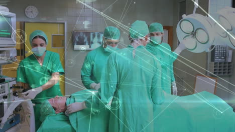 medical team performing surgery with data processing animation over operating room