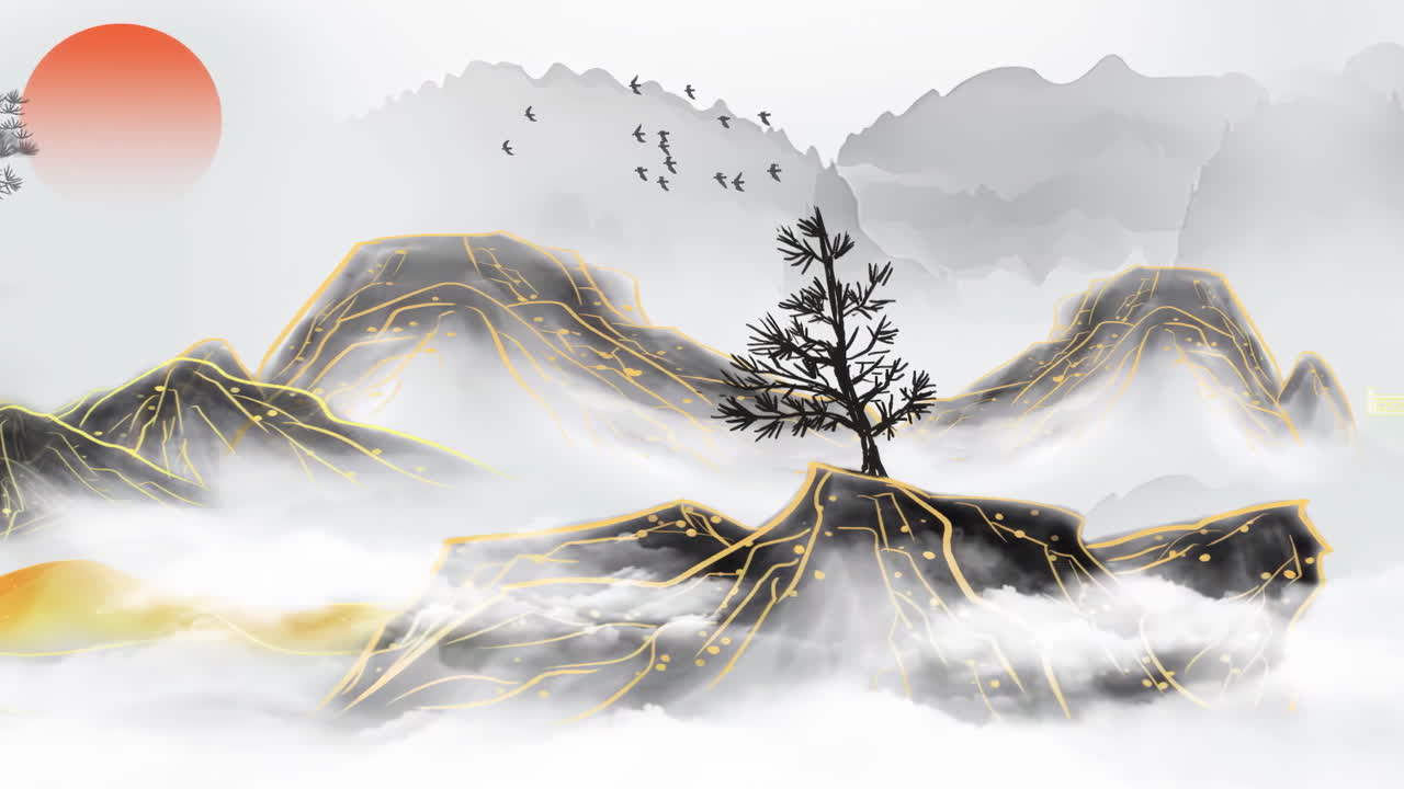 아름다운 아침 하늘, 산, 꽃, 호수, 단순한 애니메이션으로 된 고대 집, 일본 검은 금, 황금, 중국 풍경, 수채화 스타일