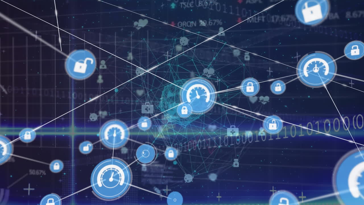 회전하는 지구 위의 디지털 아이콘 네트워크의 애니메이션과 파란색 배경의 데이터 처리
