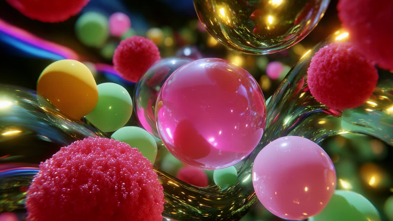 A Captivating Journey Through Colorful Spheres and Swirling Forms: Exploring the Dynamic Interaction of Glossy and Matte Textures in an Abstract Visual Experience of Vibrant Juxtaposition