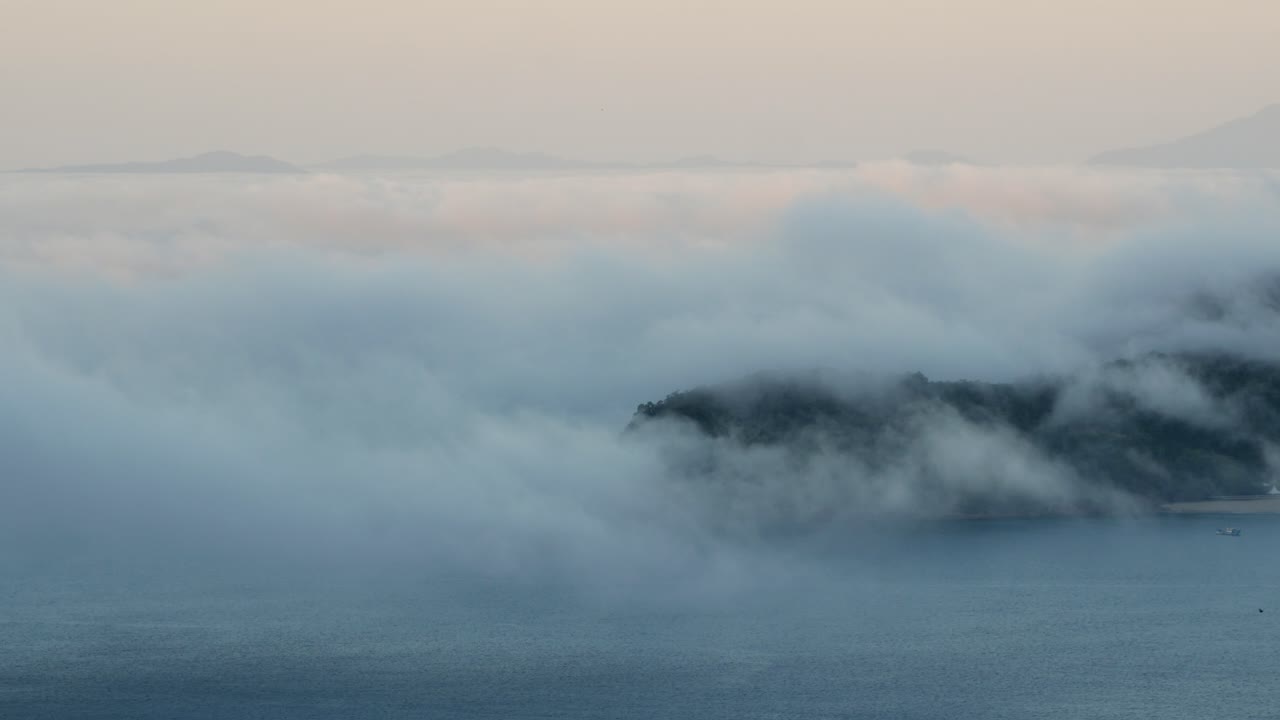 Low clouds and fog over the coast of the south Atlantic Ocean, Brazilian coast in the morning