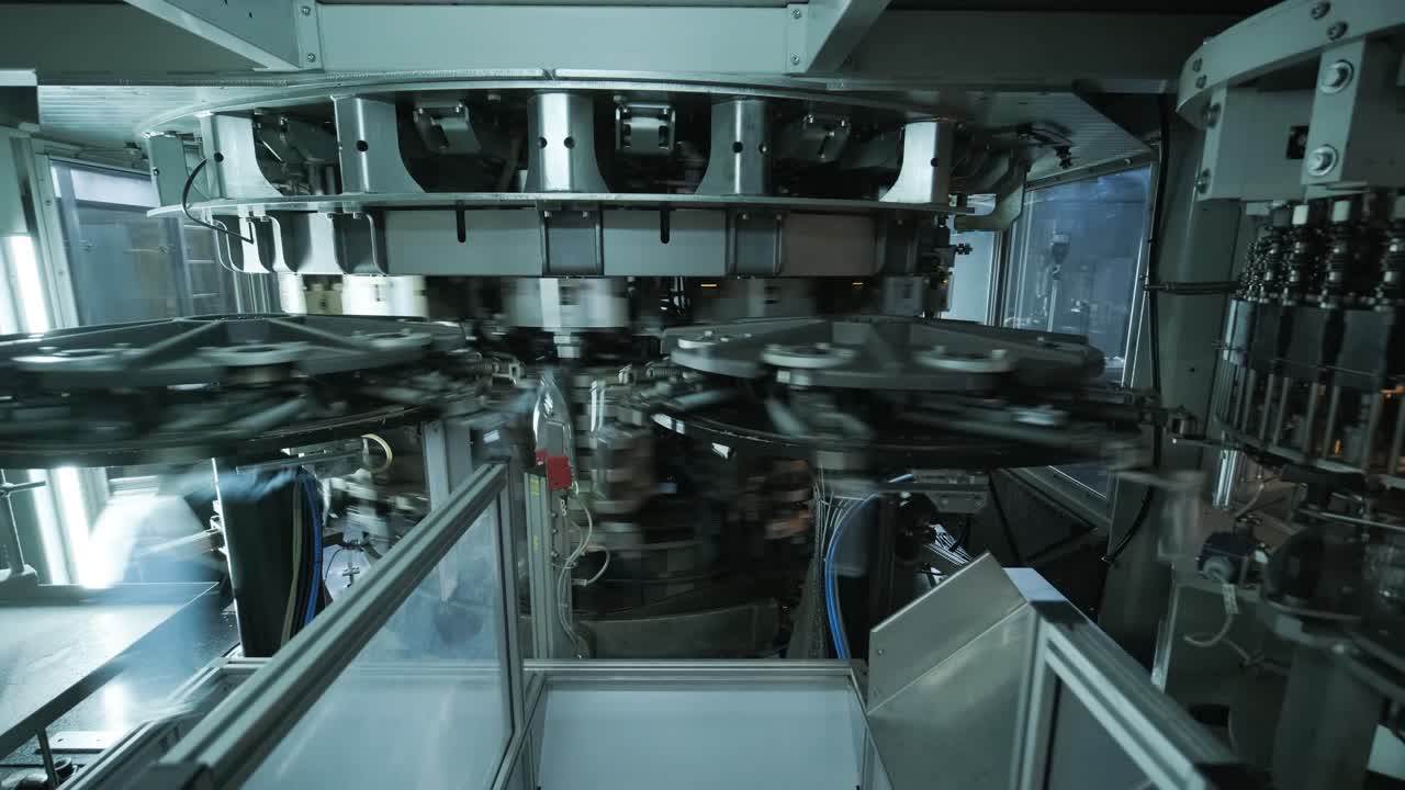 Automatic filling machine pours water into plastic PET bottles at modern beverage plant