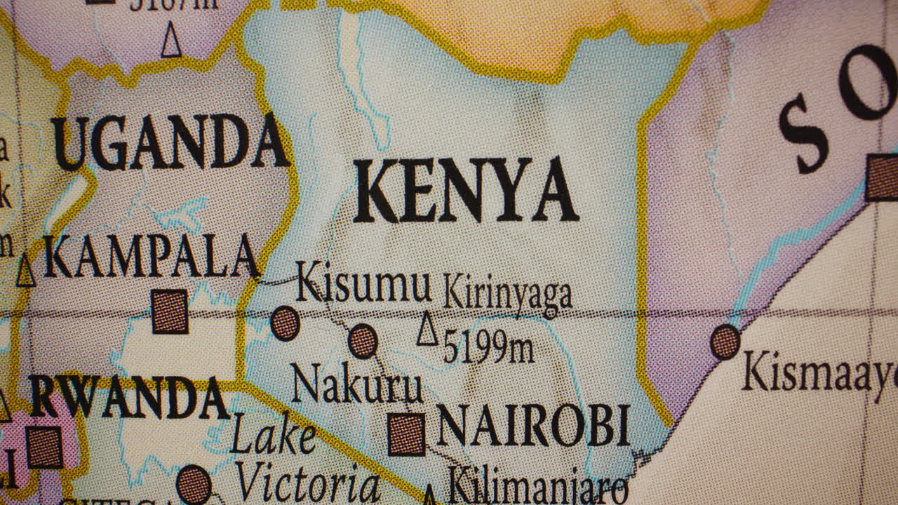 Close-up of a political map showing Kenya and surrounding East African countries