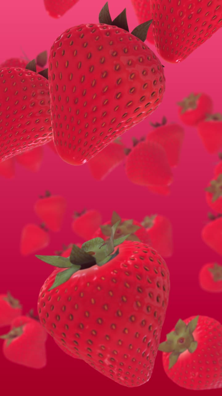 Fresh Red Strawberries Falling on a Vibrant Pink Background