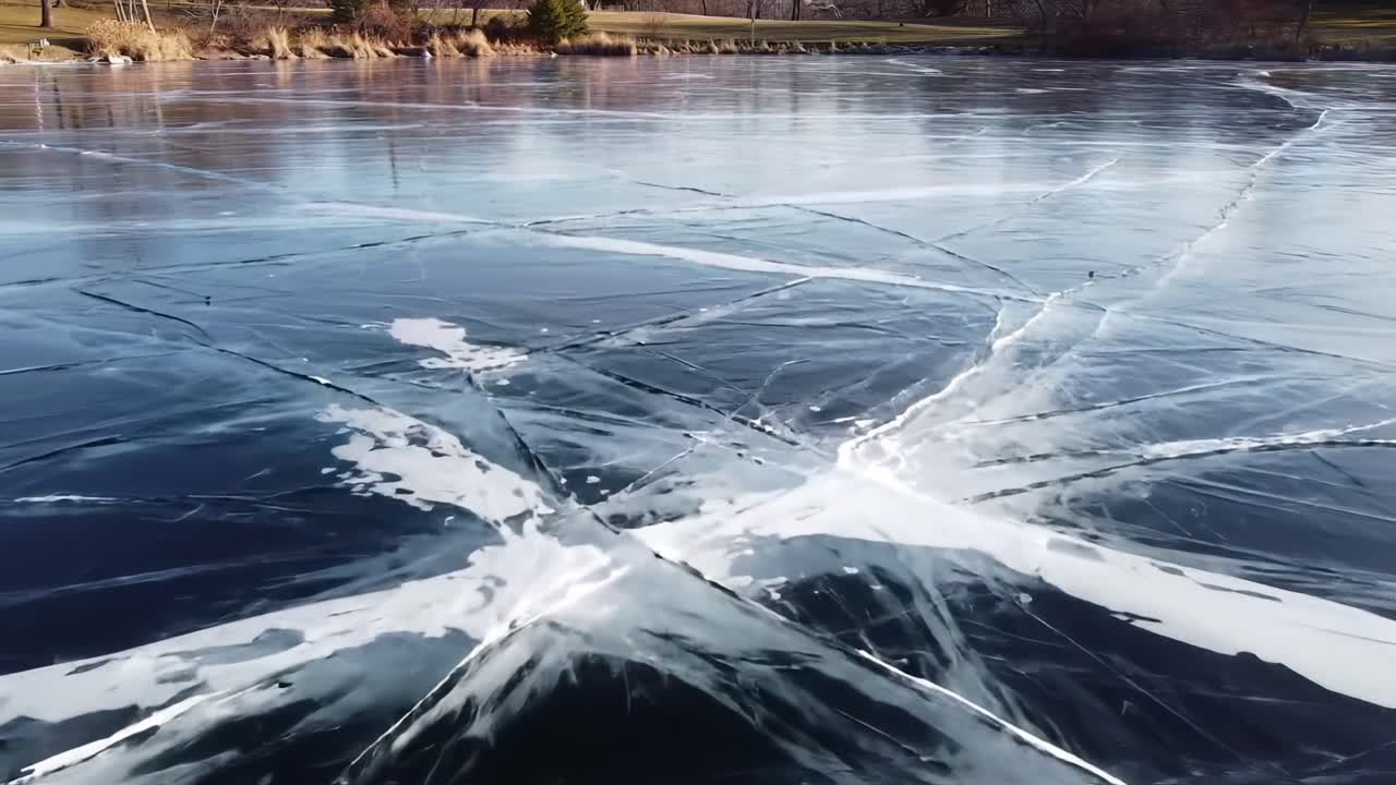 Intricate Patterns of Cracked Ice on a Frozen Lake Surface Captured in Two Frames Showcasing Nature's Subtle Beauty and Frozen Water Dynamics