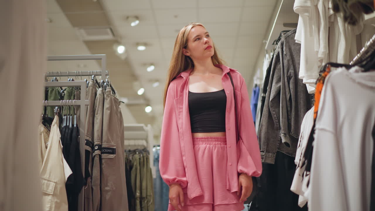 검은 가방을 들고 있는 아름다운 여인이 옷 가게를 걸어다니며 청바지 쇼트를 만지고, 다른 옷들은 끔하게 선반에 배열되어 있으며, 가게는 잘 조명되어 있으며, 트렌디한 패션 옵션을 선보이고 있습니다.