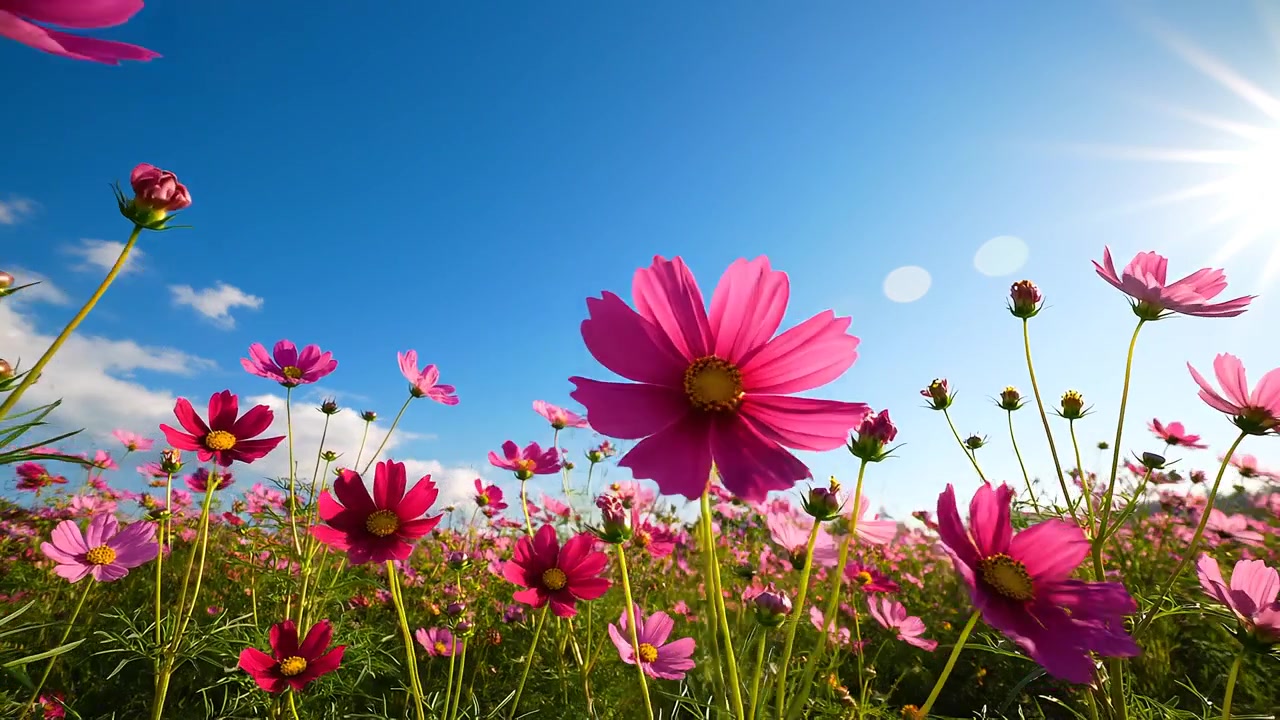 Bellissimo campo di fiori di cosmo rosa sotto un cielo azzurro e soleggiato