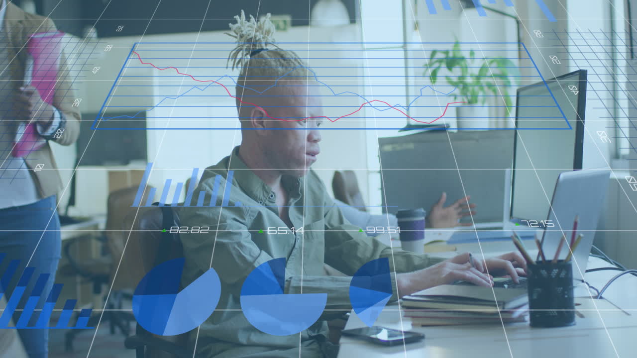 Animation of data processing over diverse business people in office