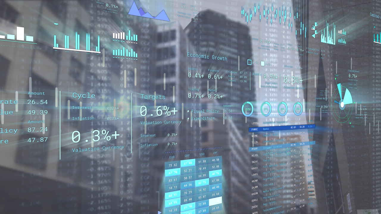 Animation of financial data processing over cityscape