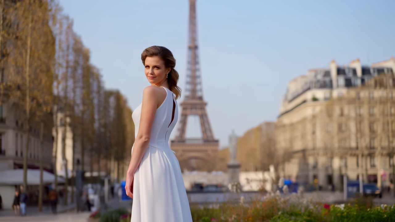 White Bride In Flowing Gown Paris, Eiffel Tower Background, Bridal Model Posing On Treelined Avenue, Soft