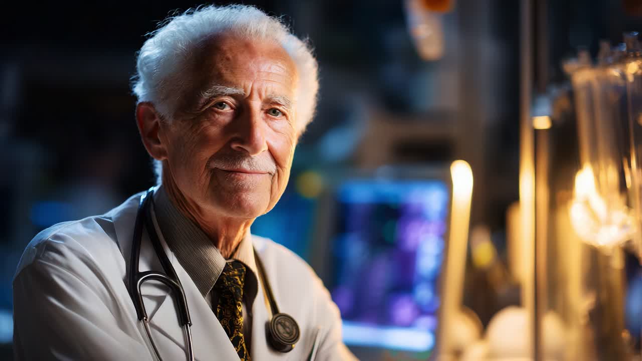 Un professionista medico senior con uno stetoscopio e un sorriso cordiale in un laboratorio, circondato da apparecchiature scientifiche e uno schermo di computer che visualizza dati