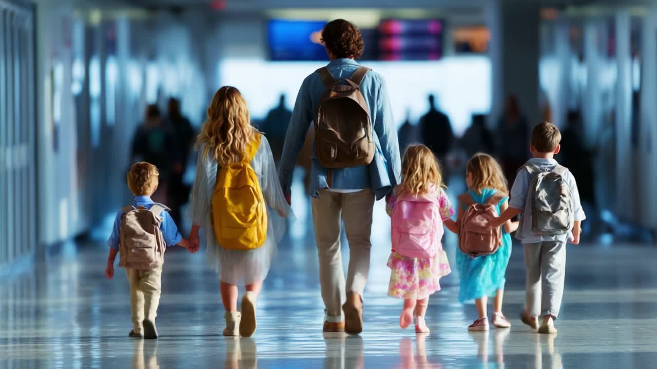 A Family Adventure: A Parent and Four Children Walking Together Through an Airport Terminal, Embracing Memories and New Experiences in Their Travel Journey