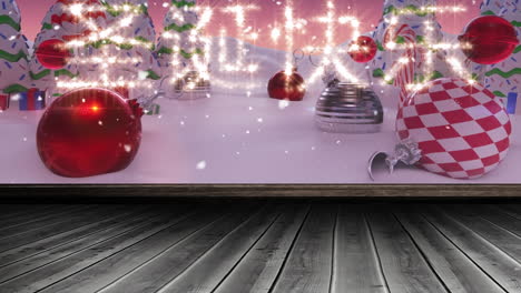 animation of asian christmas greetings, winter landscape, christmas decorations and wooden board