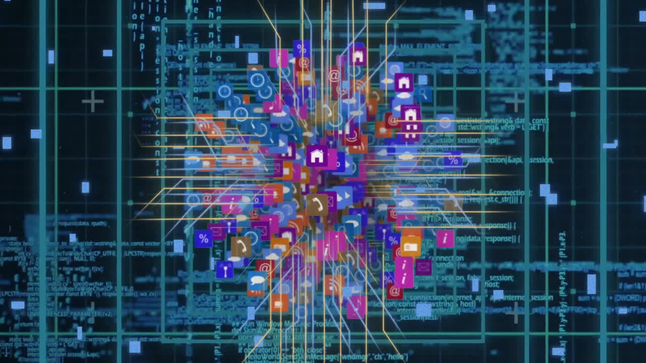 Animation of digital data processing over globe with connections and icons