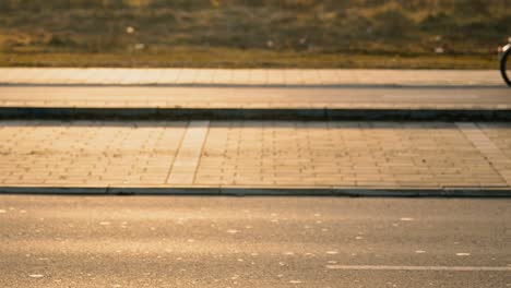 cycling in winter sunset, shadow of two cyclists on the road